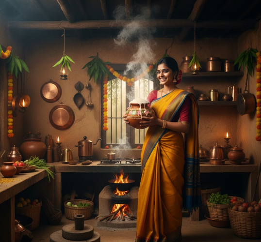 Girl in Saree Holds Festive Pongal Pot