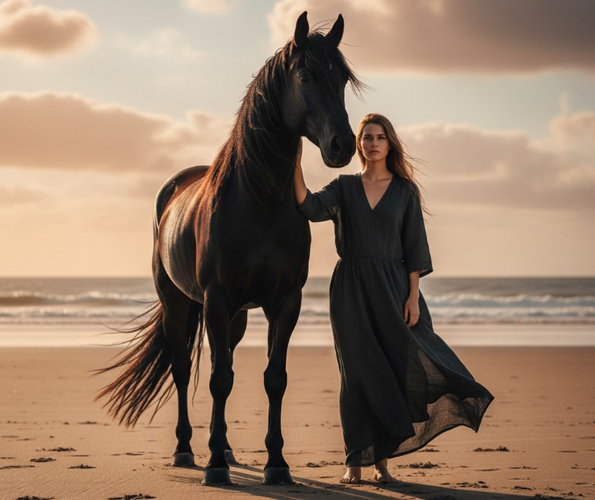 Girl Standingwith Black Horse