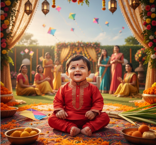 Happy Baby in Red Kurta with Festive Props