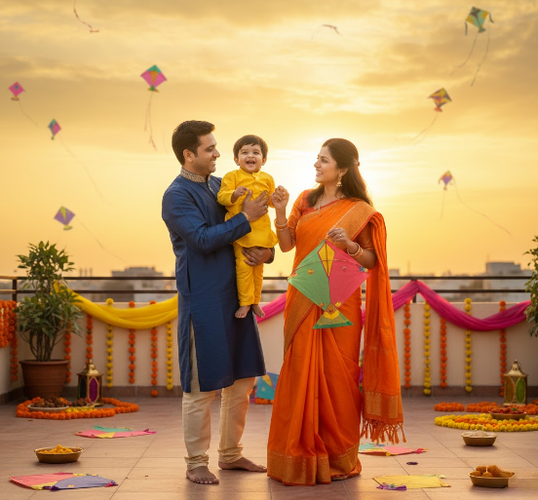 Happy Family Flying Kite on Terrace