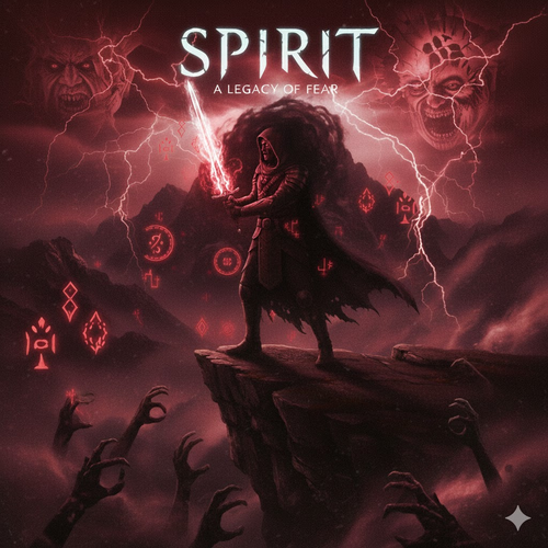 Heroic figure in stormy mystical landscape