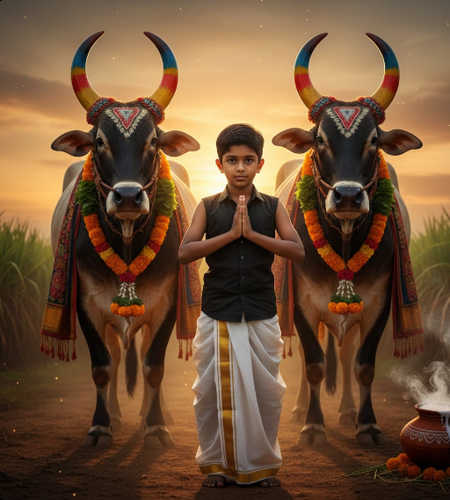 Heroic Pongal Portrait with Decorated Bulls