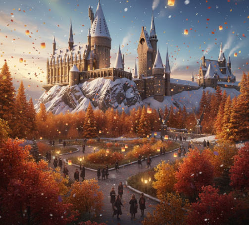 Hogwarts in autumn with falling leaves