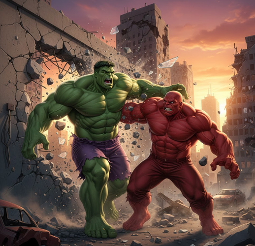 Hulk Tackles Red Hulk Through Wall