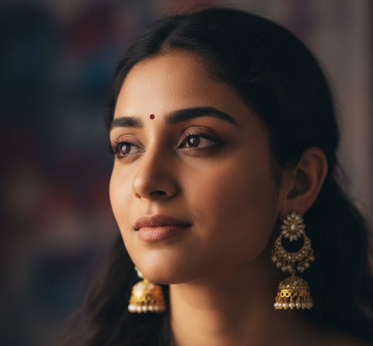 Indian girl in gold earrings gazing thoughtfully