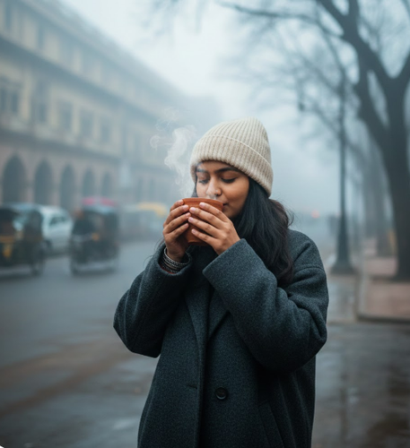 Indian girl in winter coat sipping chai