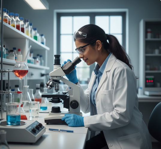 Indian girl using microscope in lab