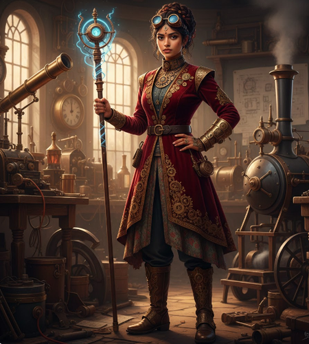 Indian steampunk inventor in workshop