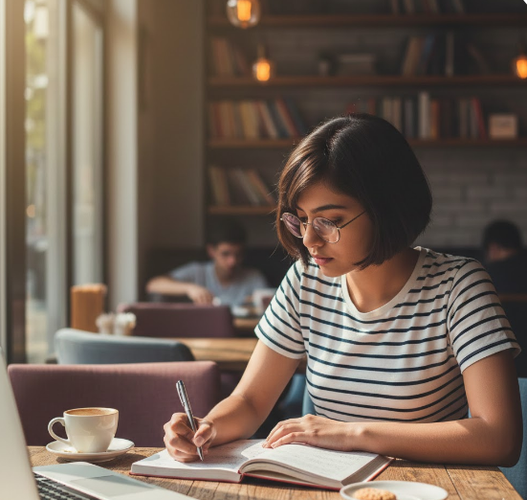 Indian student studying in cozy cafe