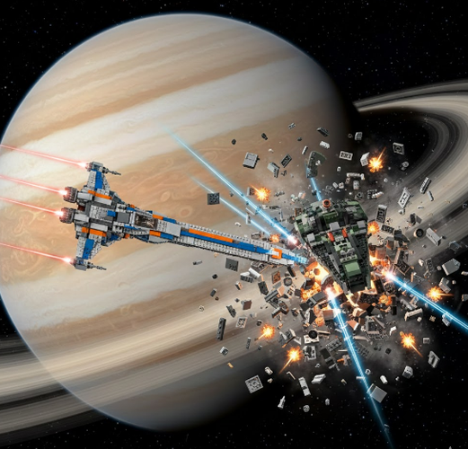 Lego Spaceships Battling Near Ringed Planet