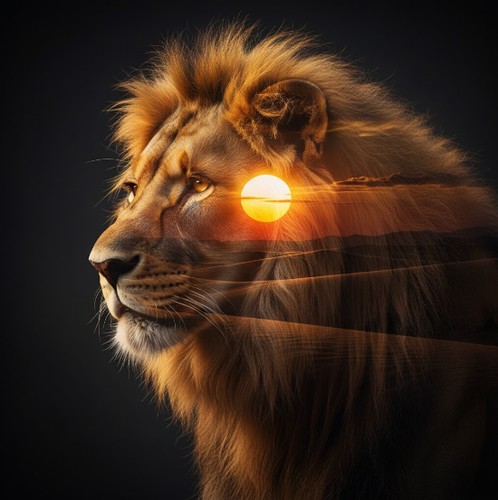 Lion Silhouette Blended with Desert Sunset