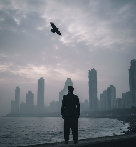 Lone man gazing at Mumbai skyscrapers