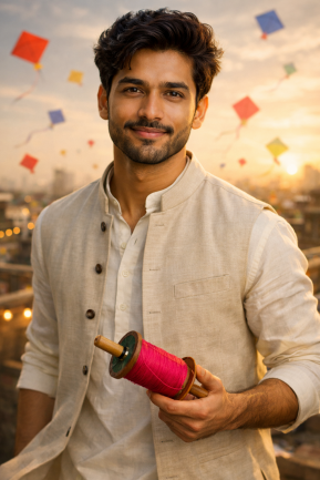 Kite flying at sunset on rooftop