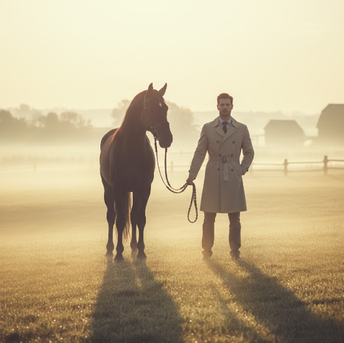Man and Horse on Foggy Hillside at Sunrise