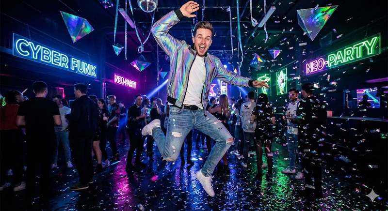 Man dancing at neon-lit party