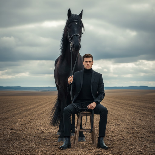 Man in Black Sits Before Horse