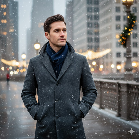 Man in winter coat amid snowy cityscape