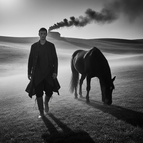 Man Strides with Horse at Sunrise