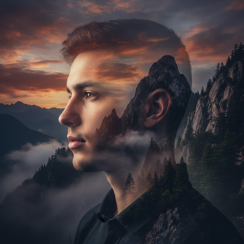 Man's Profile Blending into Mountain Landscape