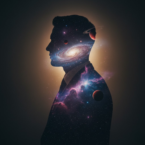 Man's Silhouette Merging with Cosmic Galaxy