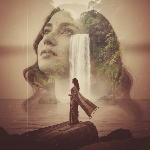 Misty Waterfall Merging with Serene Female Silhouette