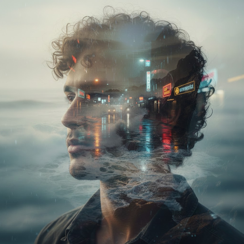 Moody Double Exposure Portrait with Rainy Reflections