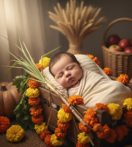 Newborn Sleeping in Floral Cradle Sunlight