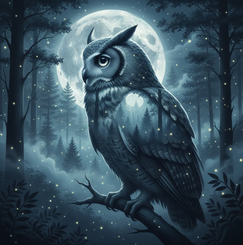Owl Merged with Moonlit Misty Forest
