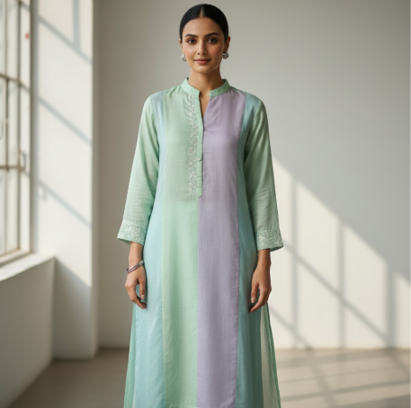 Pastel modern Kurti on model indoors