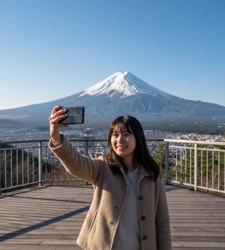 Person Taking Selfie with Mount Fuji Backdrop