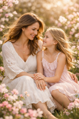 Mother and Daughter in Blooming Garden