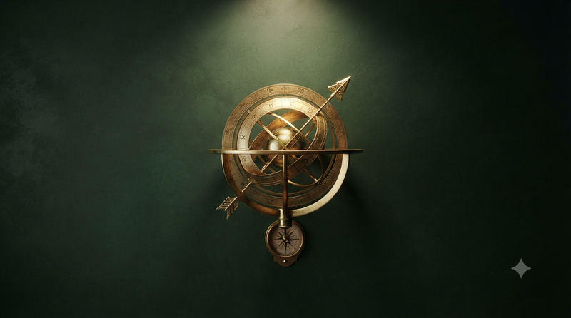Golden Armillary Sphere on Dark Green Wall