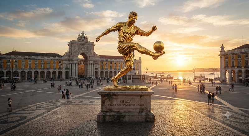 Golden Football Player Kicking in Lisbon