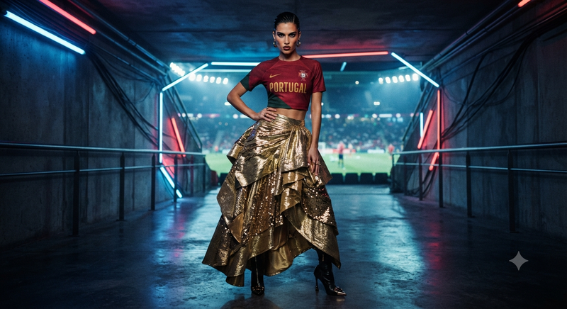 Model Portugal Crop Top Gold Skirt