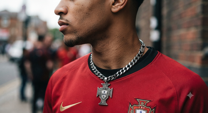 Neck Wearing Silver Portuguese Crest Pendant