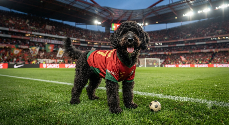 Dog in Portugal Jersey on Field