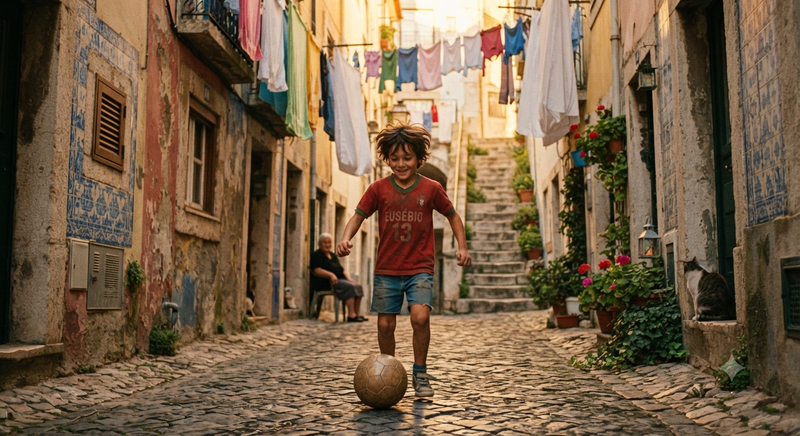 Boy Plays Football in Alfama Alley