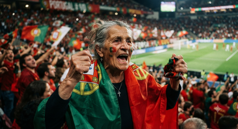 Grandmother Passionately Cheering in Portugal Flag