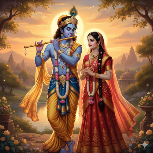 Radha Krishna Romantic Sunset Embrace