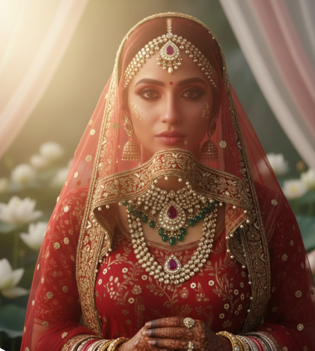 Radiant veiled Indian bride in soft light