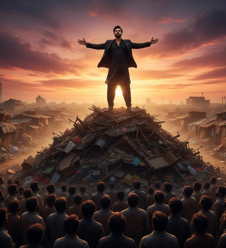 Rehman Dakait addressing men at sunset