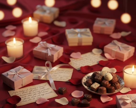 Romantic gift set with chocolates and roses