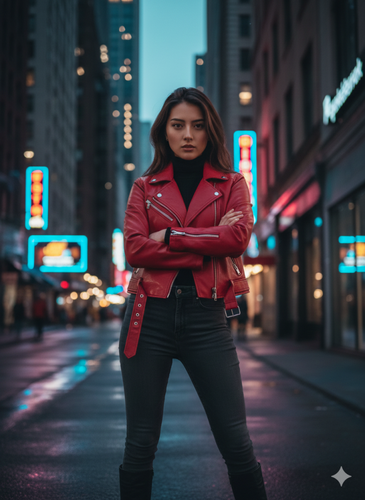 showing a crimson leather jacket over a black turtleneck girl