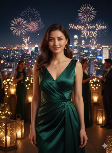 showing a deep emerald green silk evening gown with a fitted waist