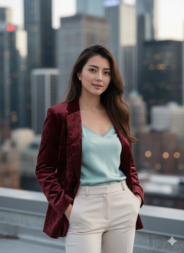showing a female in a pale turquoise camisole