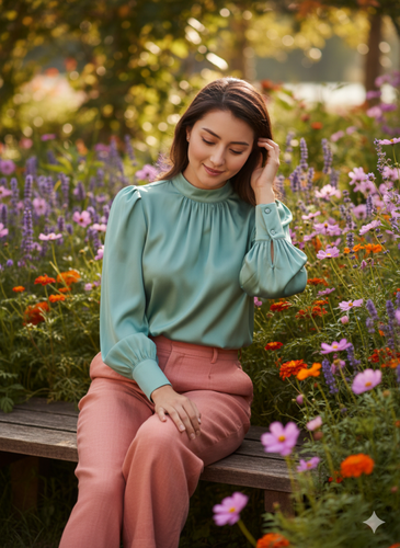 showing a female wearing a mint green silk blouse