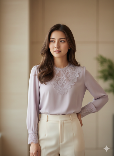 showing a female wearing a pastel lavender blouse