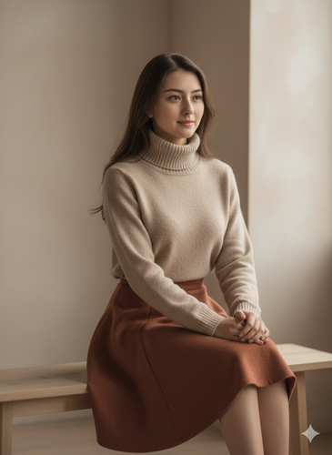 showing a female wearing a warm beige turtleneck sweater