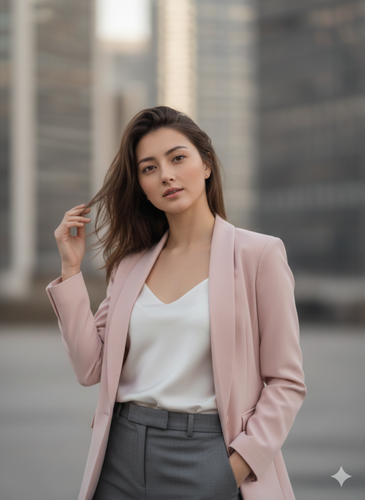 showing a female wears a sleek pale pink blazer over a white silk camisole