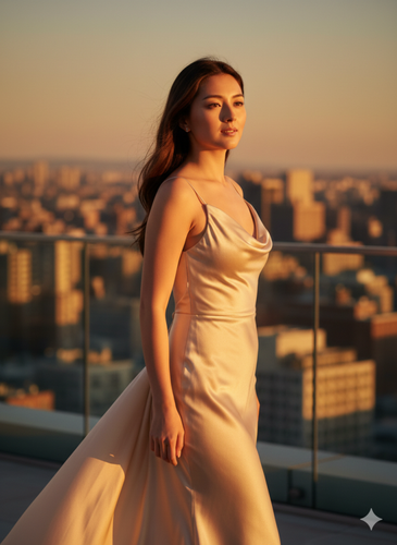 showing a flowing silk evening gown in champagne gold girl